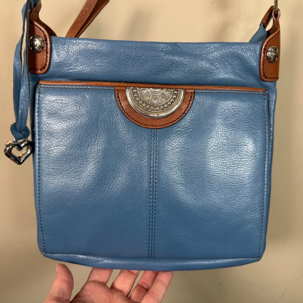 Brighton Shiloh Africanz Blue Pebbled Leather Crossbody Organizer Bag